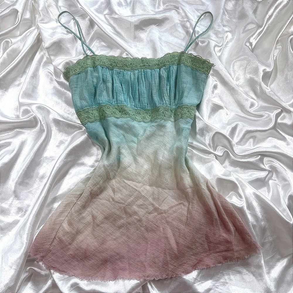 y2k Taboo Camisole Top Ombre Teal Pink Excellent Lace Trim Ruched Boho Cami